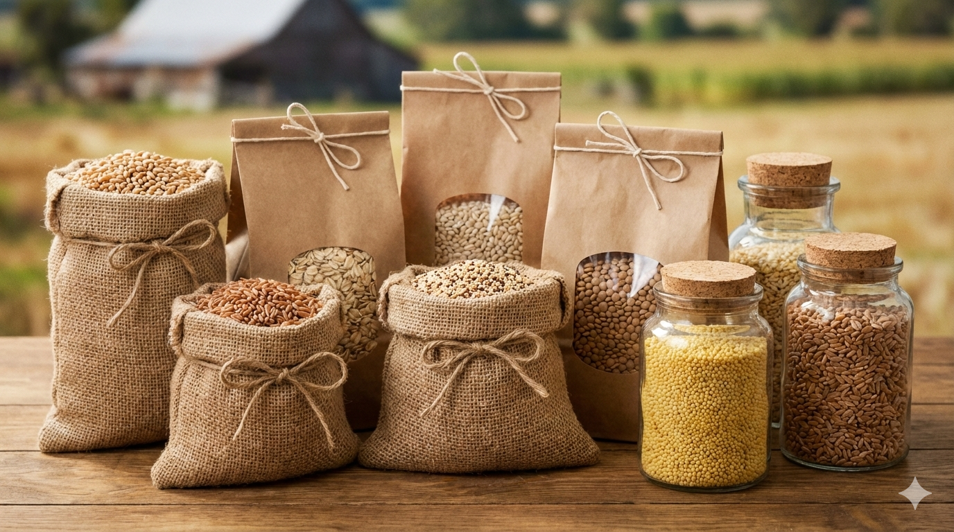 Packed organic grain ready for export